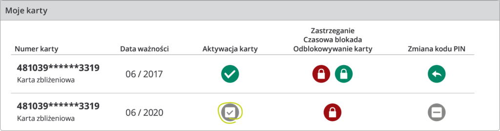 Aktywacja karty krok 2. Okno Moje karty, w którym widoczny jest numer karty, data ważności, zastrzeganie, czasowa blokada i odblokowywanie karty, a także zmiana kodu PIN.